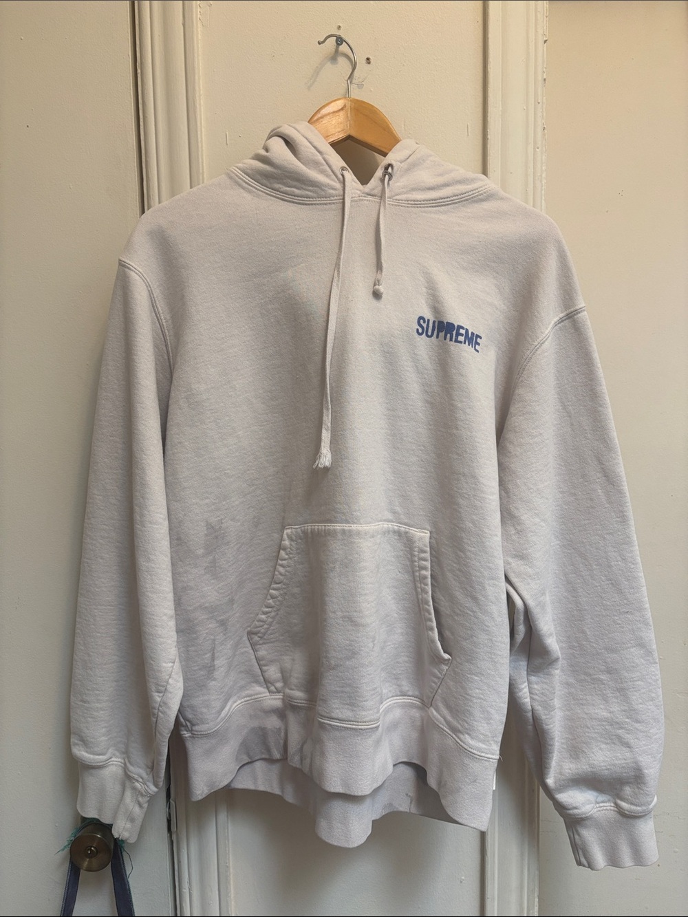 2020 Supreme White Hoodie with Blue Logo Chest Print Restless Youth Mens Medium
